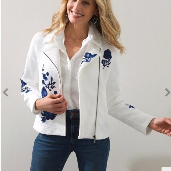 Chicos Embroidered Floral Cardigan Jacket Ecru 4 NWT IN PACKAGE - Picture 1 of 7
